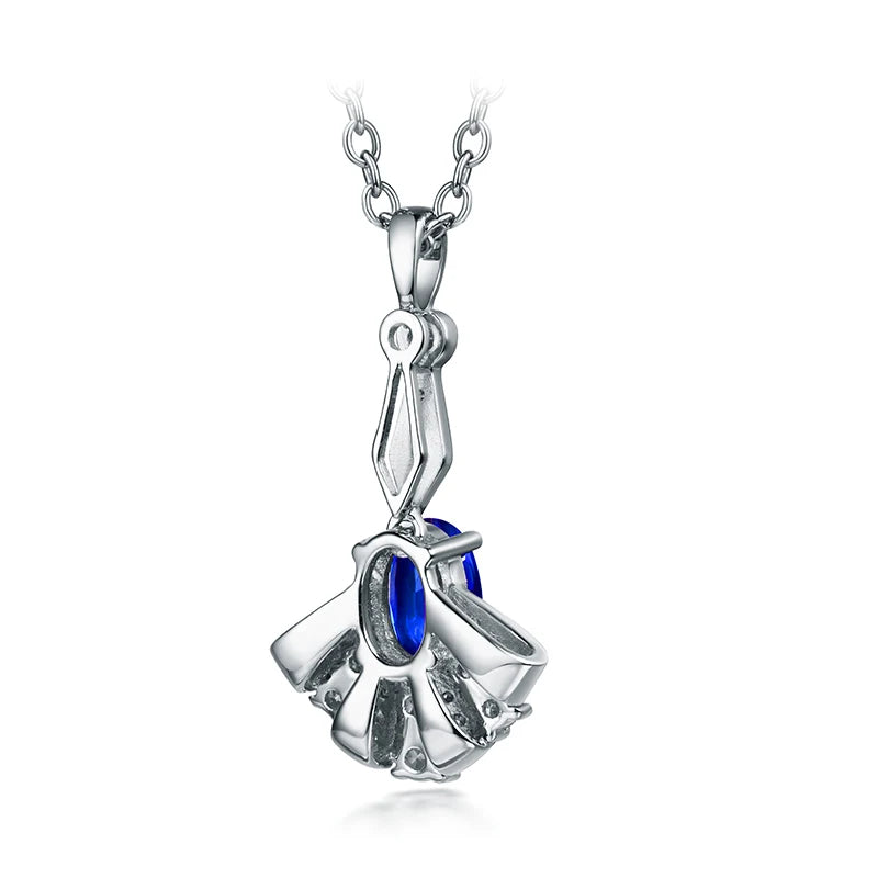 14K White Gold Oval Blue Sapphire Pendant Necklace for Women