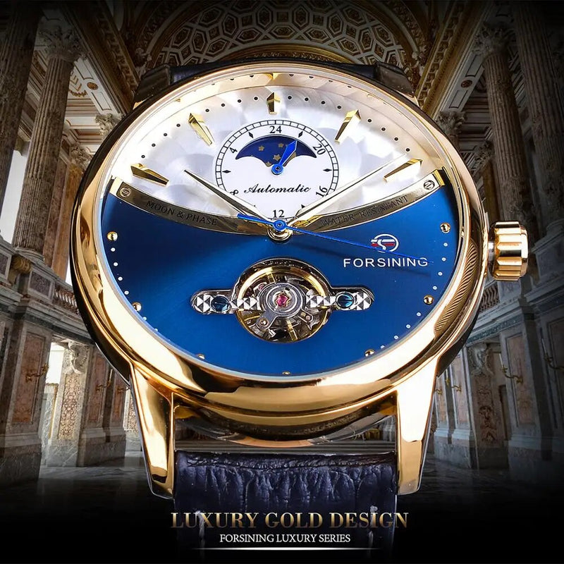 Stainless Steel Classic Moonphase Design Blue Automatic Watch for Men