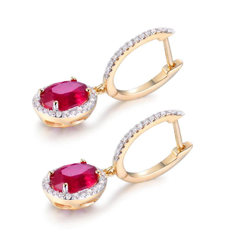 14K Yellow Gold Natural Red Ruby Diamond Earrings for Women