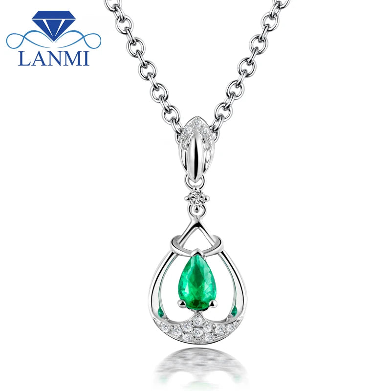 18KT White Gold Emerald and Diamond Pendant Necklace for Women