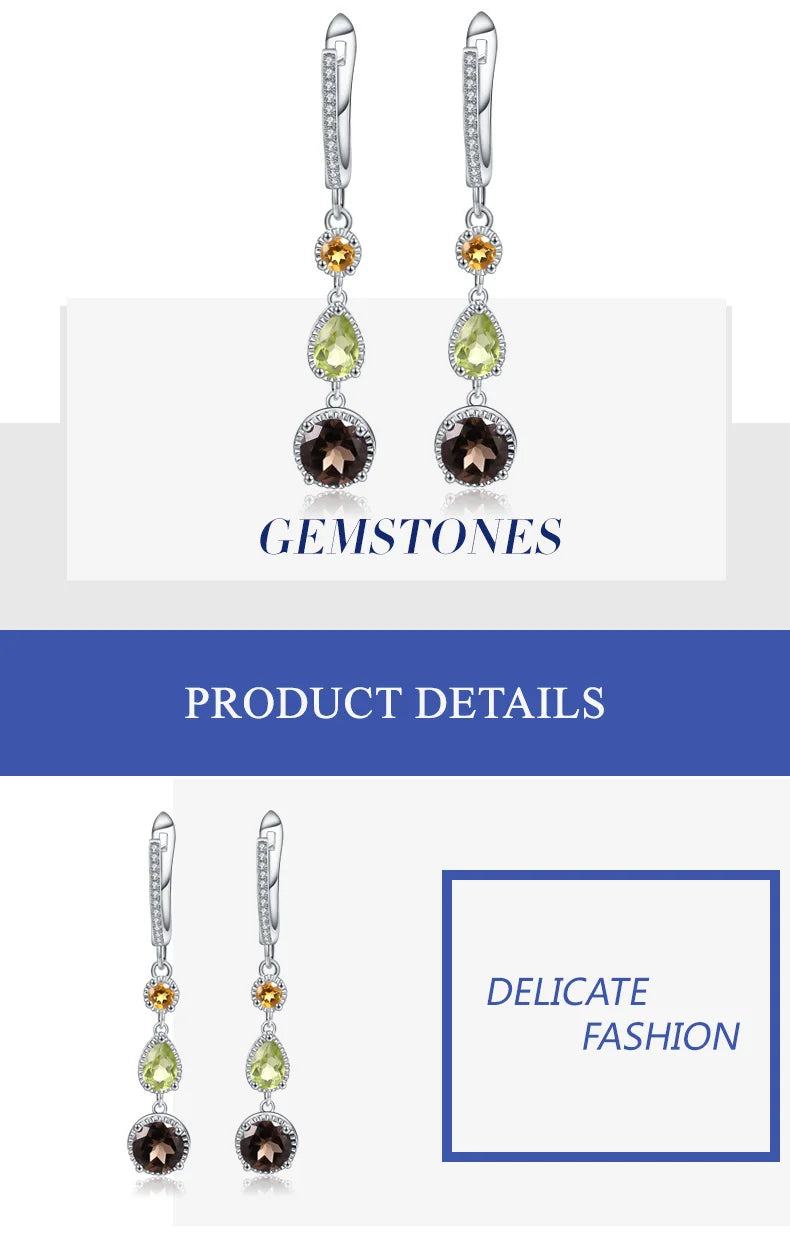 925 Sterling Silver Citrine Peridot Smoky Quartz Drop Earrings For Women