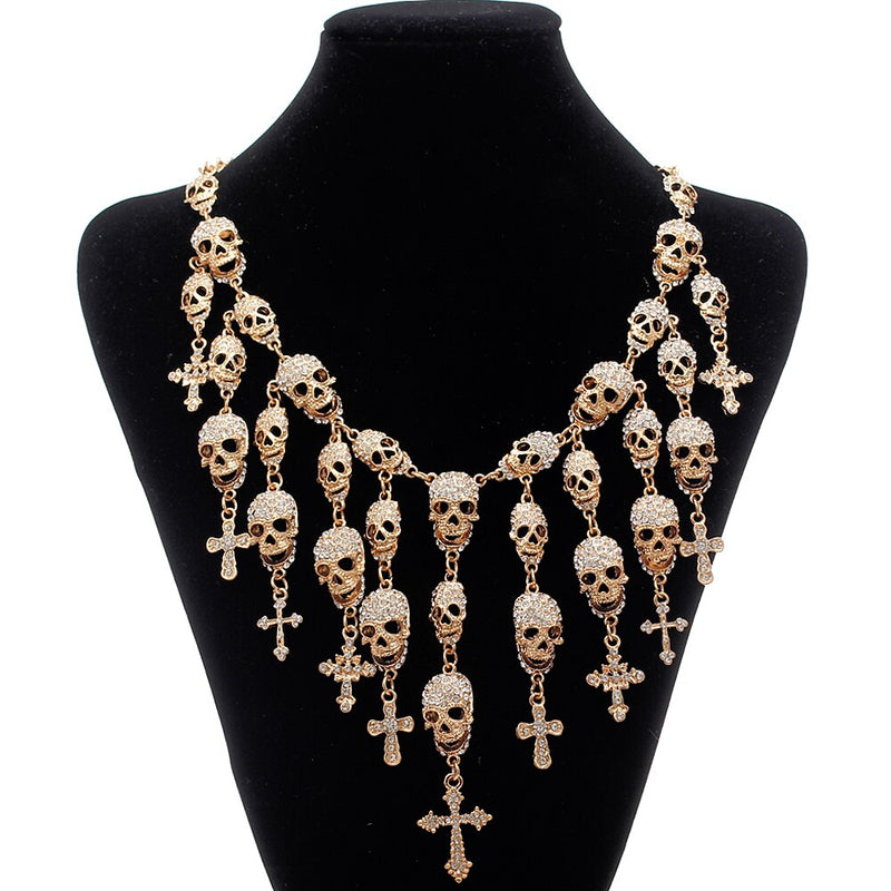 Sterling Silver Skeleton Skull Cross Crystal Choker Necklace for Women