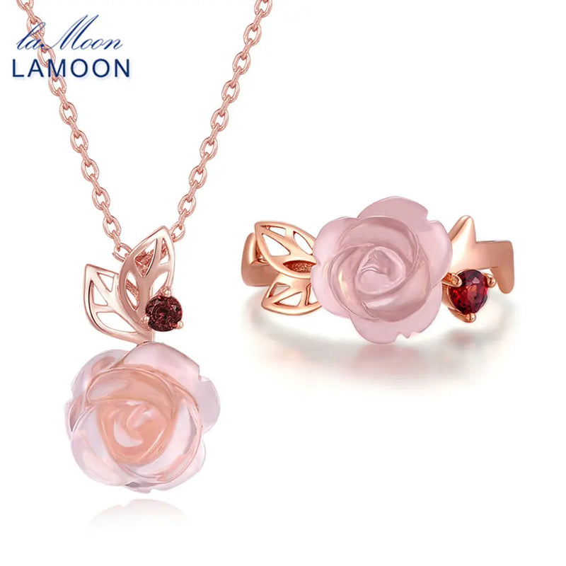 Sterling Silver Pink Rose Quartz FlowerRose Jewelry Set for Women