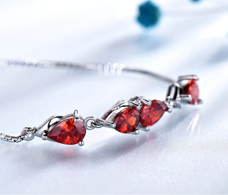 Sterling Silver Garnet Bracelet with Pear Cut Zircon, 5x7mm, for Women