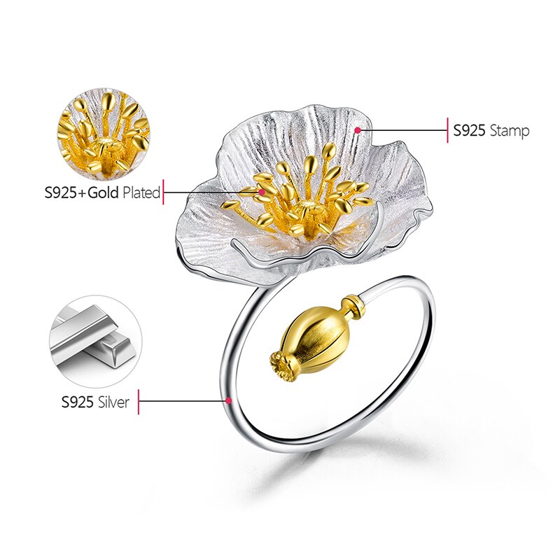 Sterling Silver Adjustable Blooming Poppies Flower Ring for Women