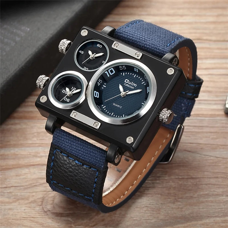 Luxury Designer Square-Face Watch with Three Time Zones for Men