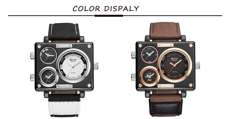 Luxury Designer Square-Face Watch with Three Time Zones for Men