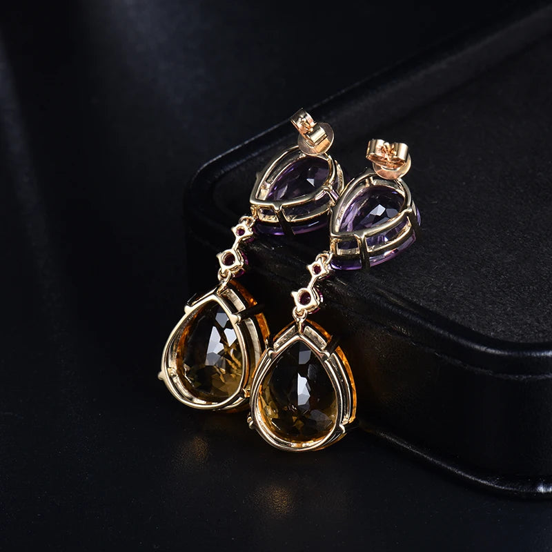 14K Yellow Gold Amethyst and Citrine Pear Drop Earrings for Women