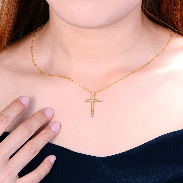 14kt Multi-Tone Gold Full Cut Diamond Cross Pendant for Women