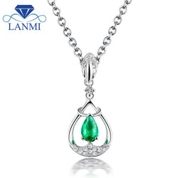 18KT White Gold Emerald and Diamond Pendant Necklace for Women