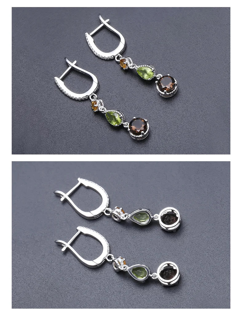 925 Sterling Silver Citrine Peridot Smoky Quartz Drop Earrings For Women