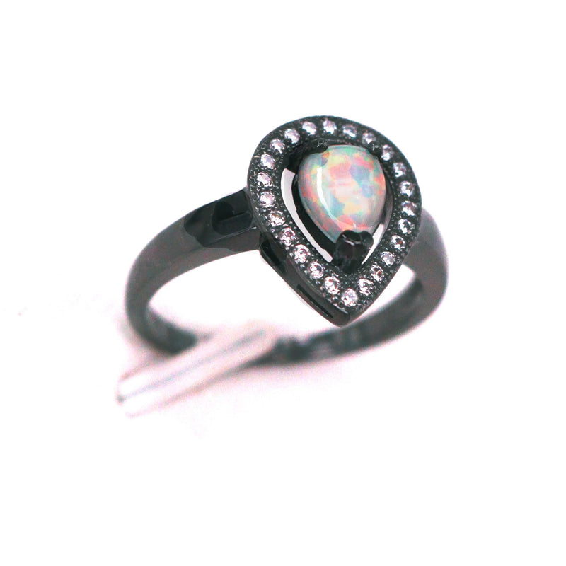 Black Gun Plated White Opal Ring for Women