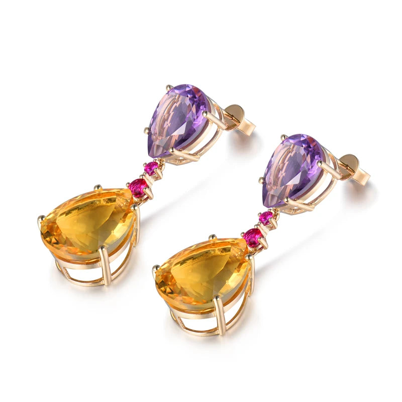 14K Yellow Gold Amethyst and Citrine Pear Drop Earrings for Women