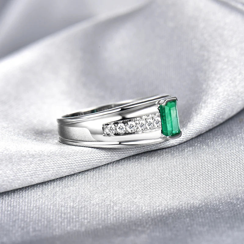 14K White Gold Emerald Diamond Engagement Ring for Men