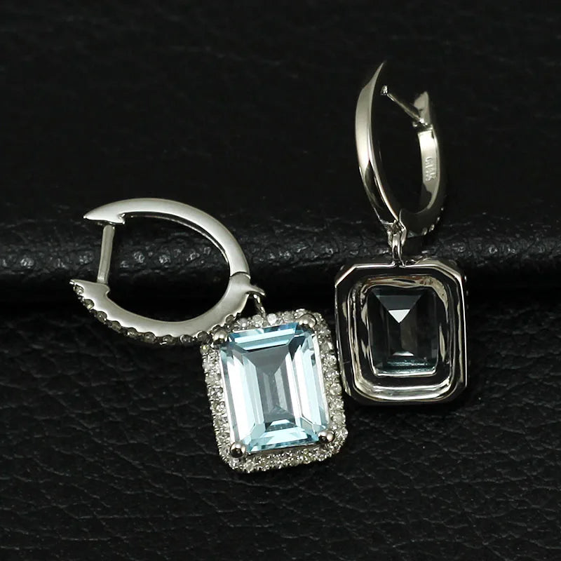 14K White Gold Light Blue Topaz Diamond Earrings for Women