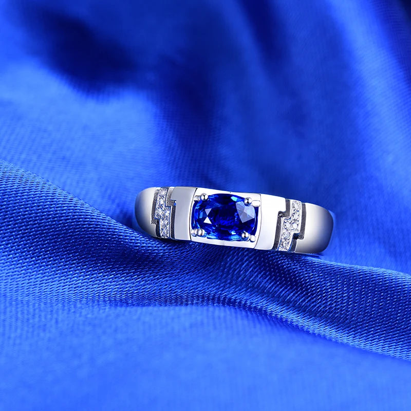 14K White Gold Blue Sapphire Ring for Men