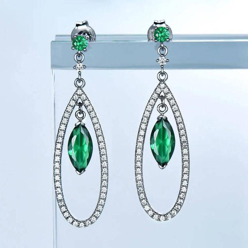 Solid Silver 925 Created Nano Emerald Marquise Drop Earrings for Women