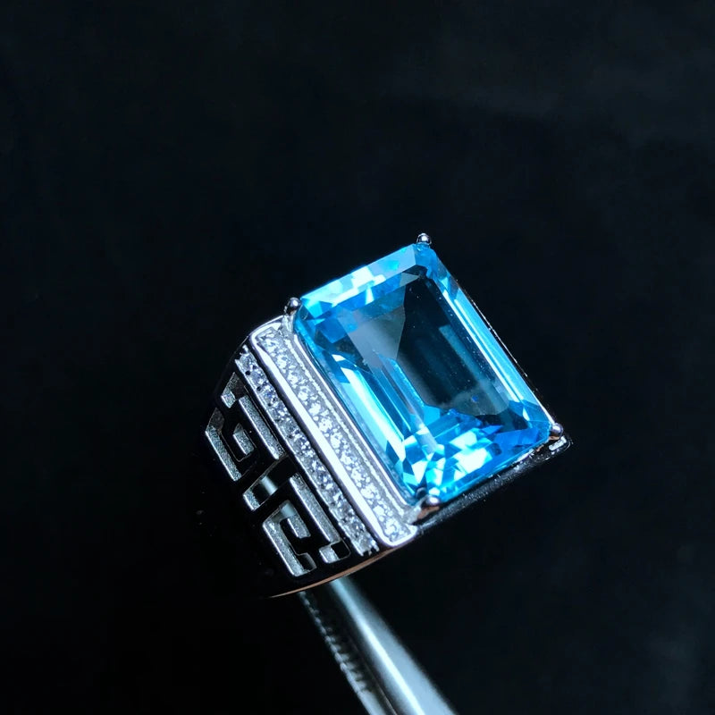 925 Silver Topaz Men's Ring with 8 Carat Gems, Exquisite Craftsmanship