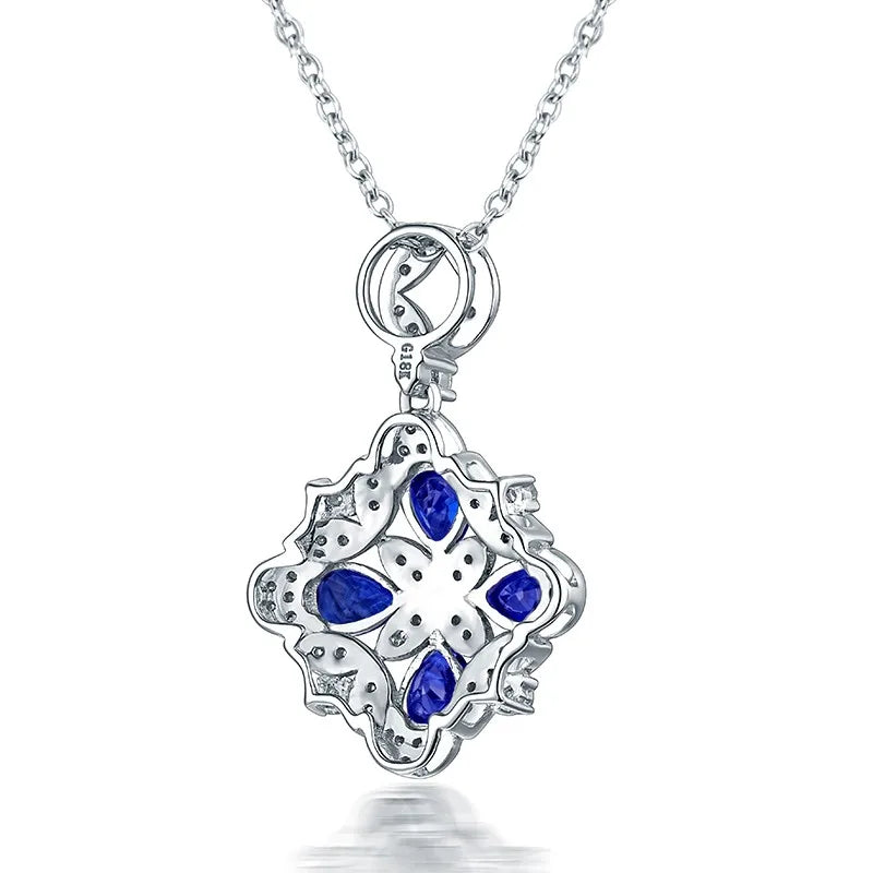 14K White Gold Blue Sapphire Diamond Pendant Necklace for Women