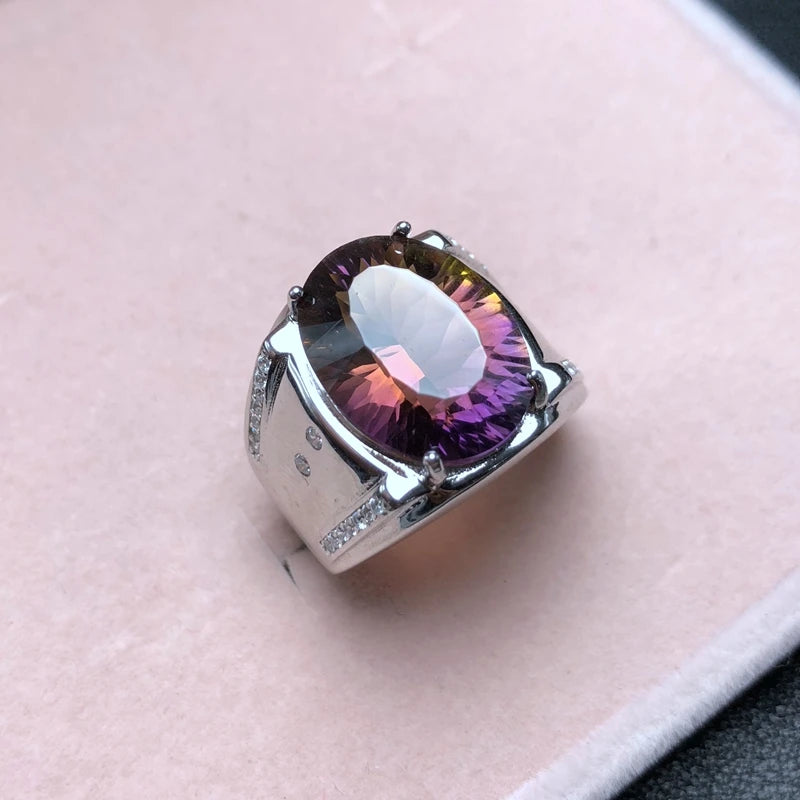 925 Silver Ametrine Ring with Two-Color Fire, Natural Beauty for Men