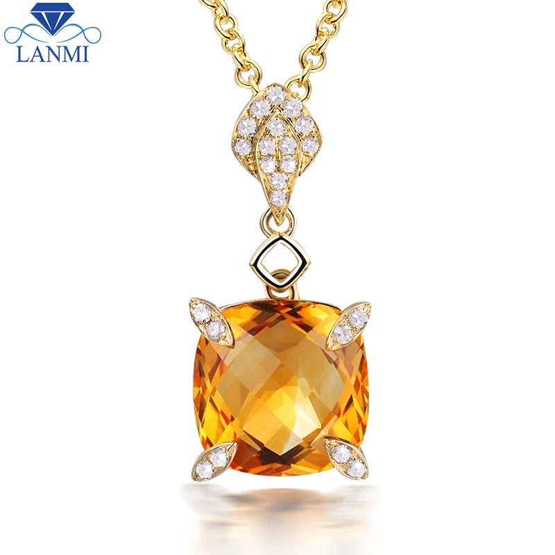 18K Yellow Gold Cushion Citrine Pendant Necklace for Women