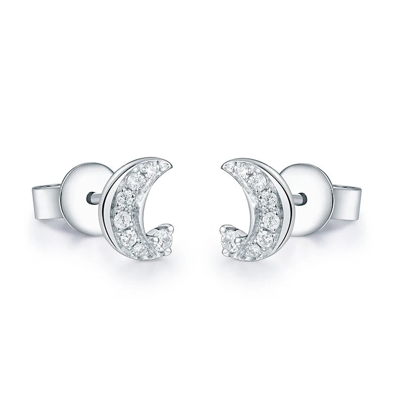 18K White Gold Star Moon Diamond Stud Earrings for Girl