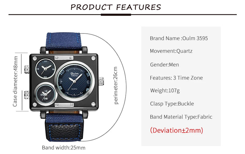 Luxury Designer Square-Face Watch with Three Time Zones for Men