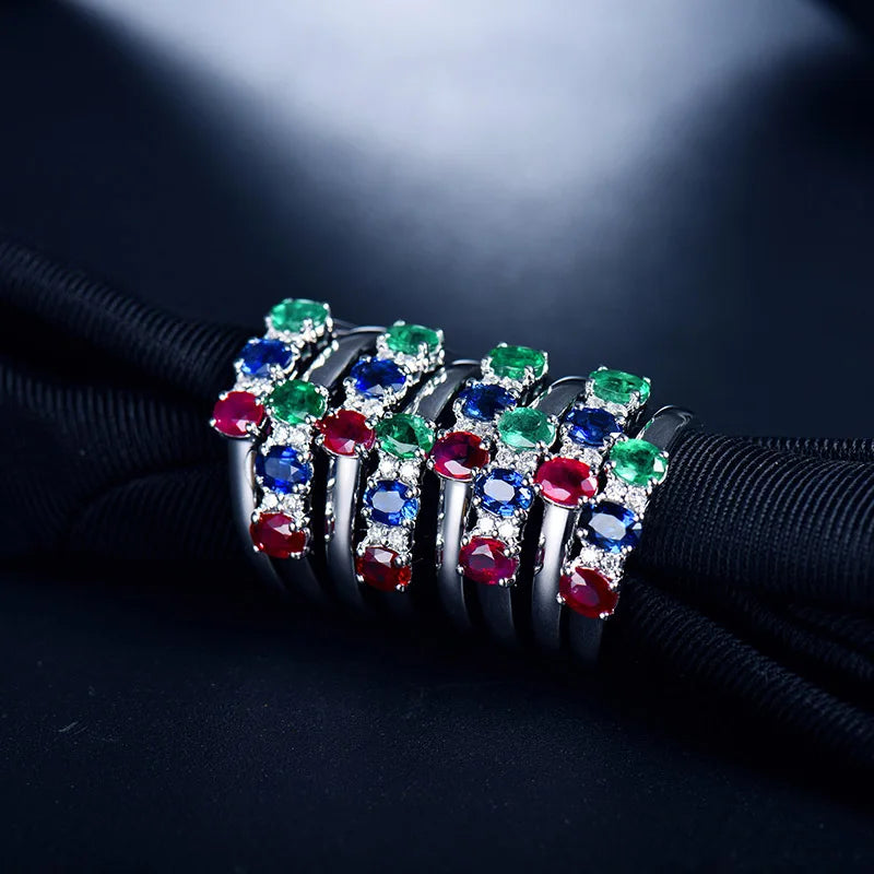 14K White Gold Sapphire, Ruby, Emerald & Diamond Ring for Women