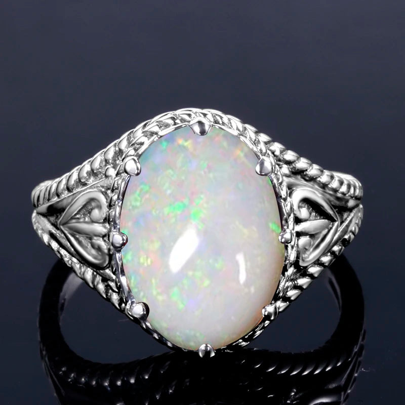 925 Sterling Silver Oval Egg Opal Ring for Women