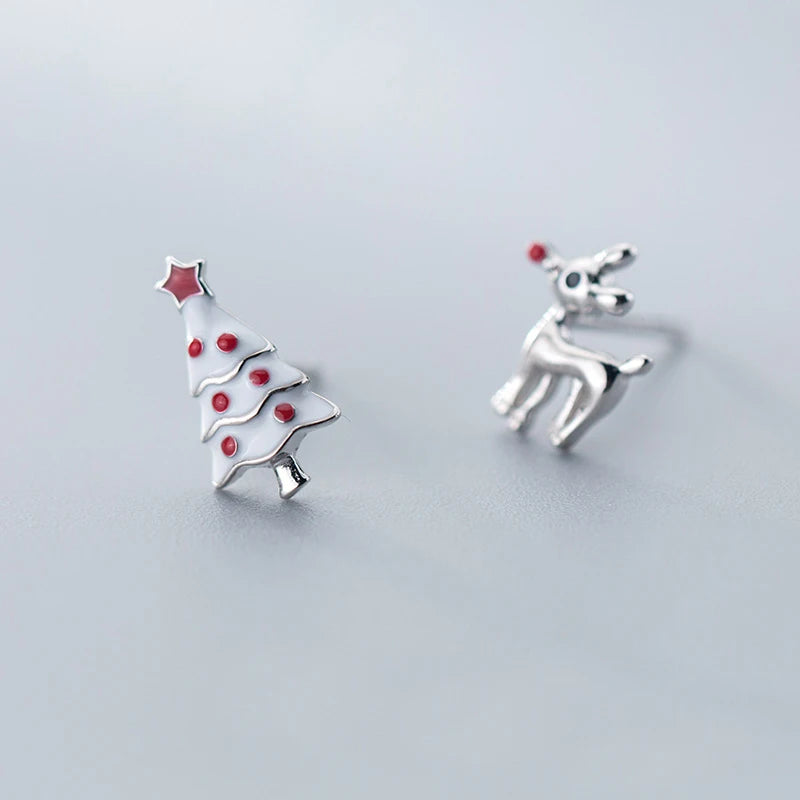 Sterling Silver Deer Christmas Tree Asymmetrical Earrings for Women