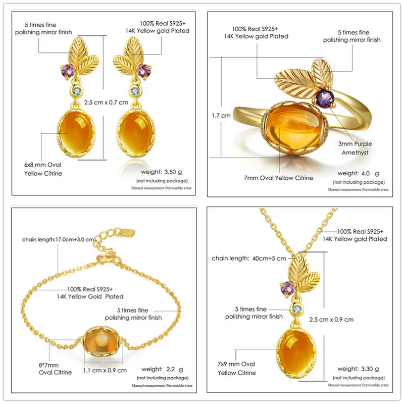 Sterling Silver Citrine Flower Jewelry Set for Women