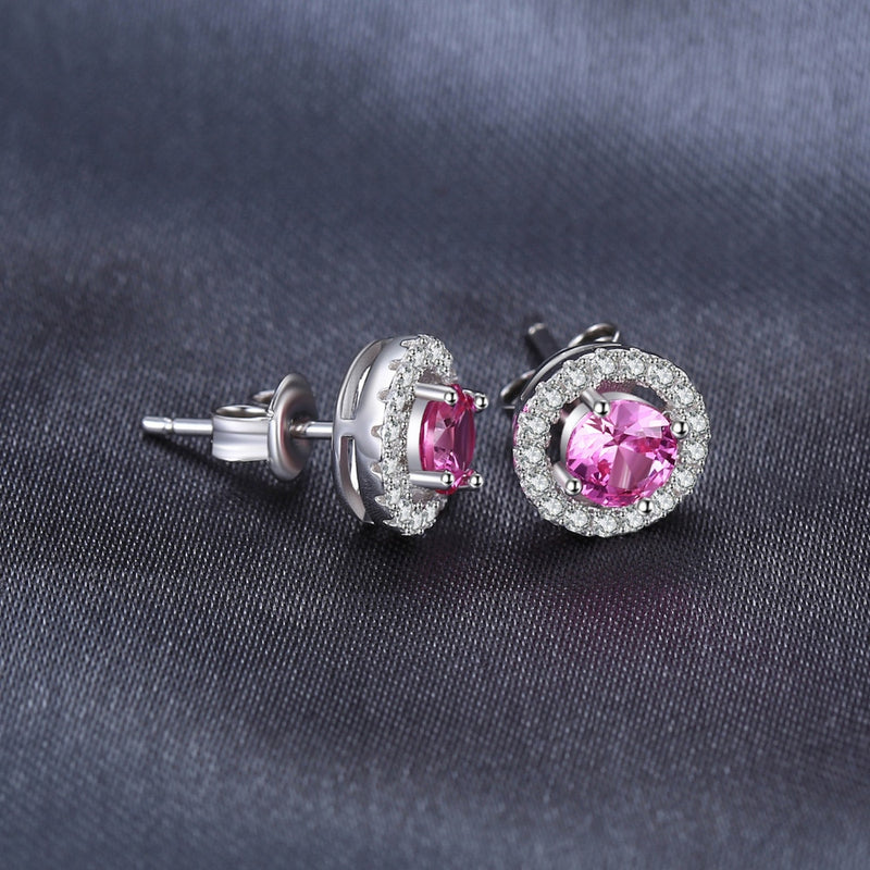 925 Sterling Silver Round Created Pink Sapphire 1.30 ctw Stud Earrings for Women