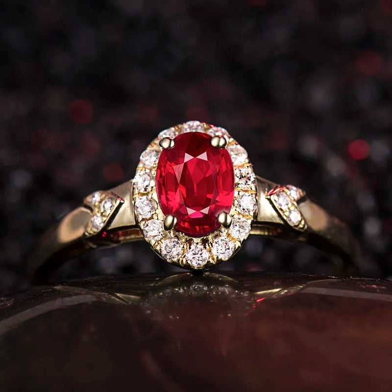 18Kt Yellow Gold Ruby and Diamond Oval Ring for Her