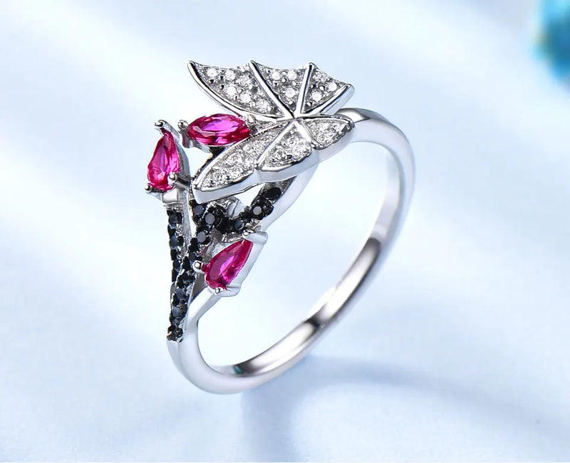 Sterling Silver Black Spinel & Ruby Butterfly Ring for Women