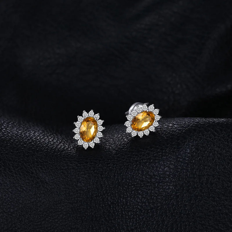 925 Sterling Silver Natural Citrine Halo Earrings for Woman