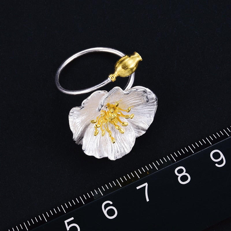 Sterling Silver Adjustable Blooming Poppies Flower Ring for Women