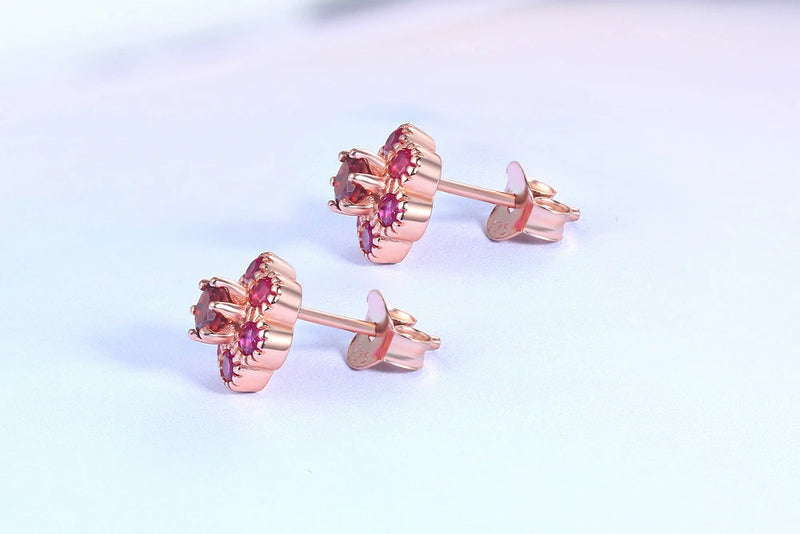 Rose Gold 925 Sterling Silver Natural Red Garnet Flower Earrings for Women