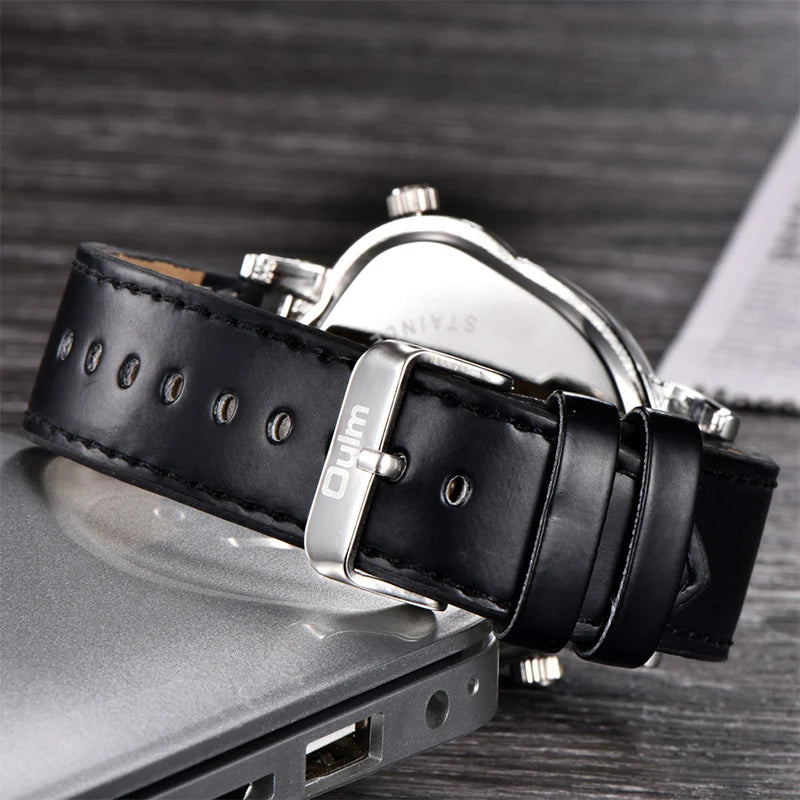 Unique Design Multiple Time Zone Leather Strap Wristwatch for Men