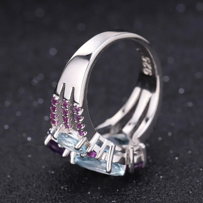 Sterling Silver Natural Sky Blue Topaz and Amethyst Candy Rings for Women