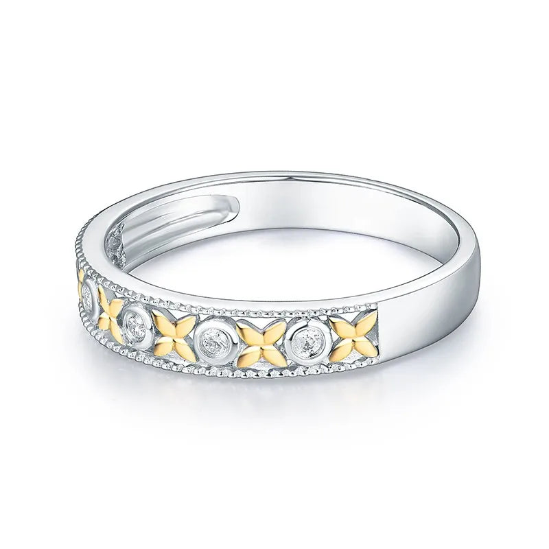 14K Two Tone Gold Diamond Wedding Flower Ring for Couple