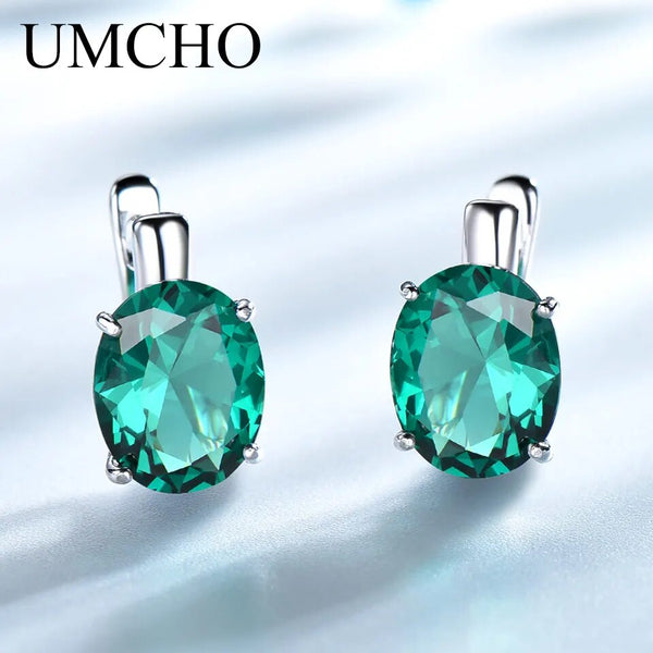 925 Sterling Silver Oval Nano Emerald Clip Earrings for Women