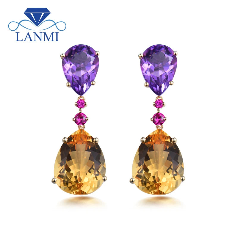 14K Yellow Gold Amethyst and Citrine Pear Drop Earrings for Women