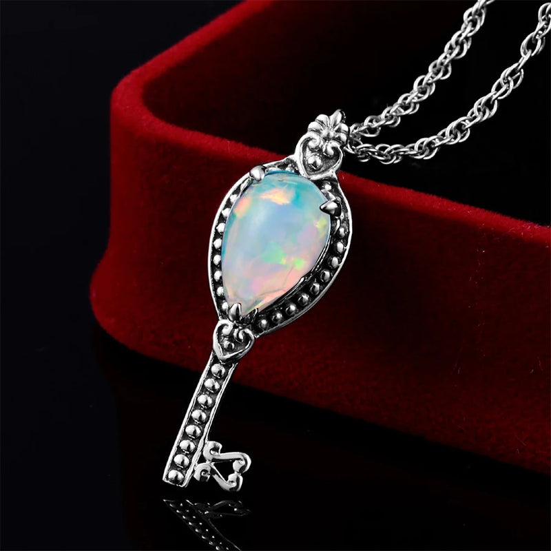 925 Sterling Silver Opal Pendant Key Shape for Women