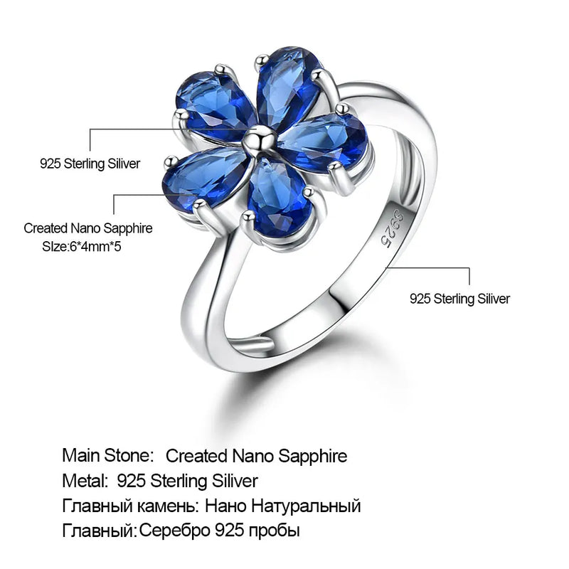 925 Sterling Silver Blue Sapphire Flower Ring for Women