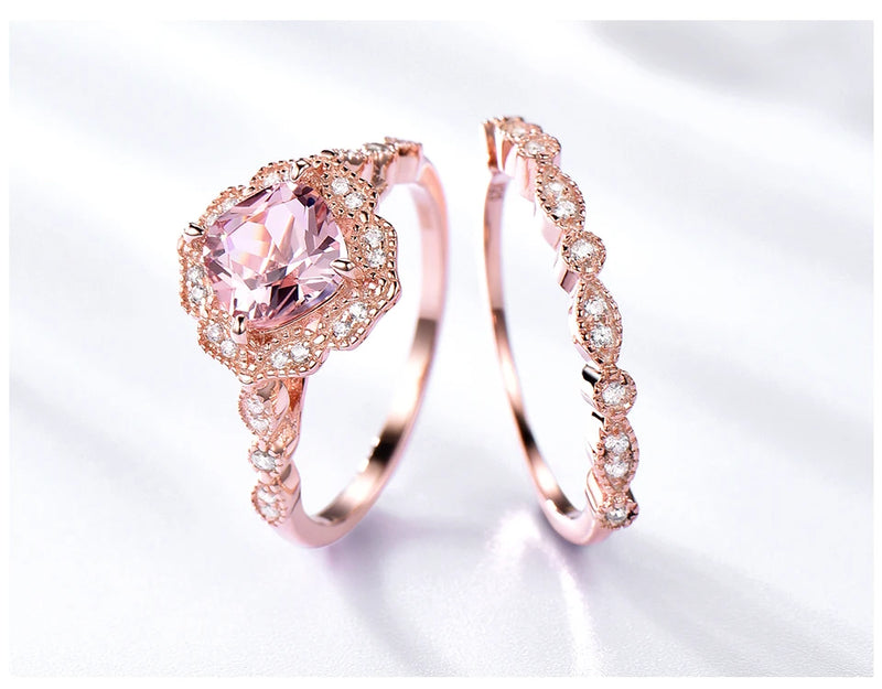 Sterling Silver Nano Morganite Rose Gold Plated Double Rings 7mm for Women