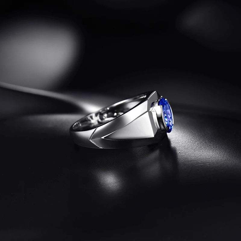 14K White Gold Blue Tanzanite Mens Wedding Ring