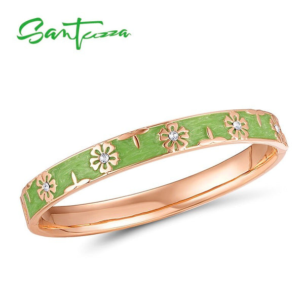 Silver Trendy Multi-Color Enamel Flower Bracelet Bangles for Woman