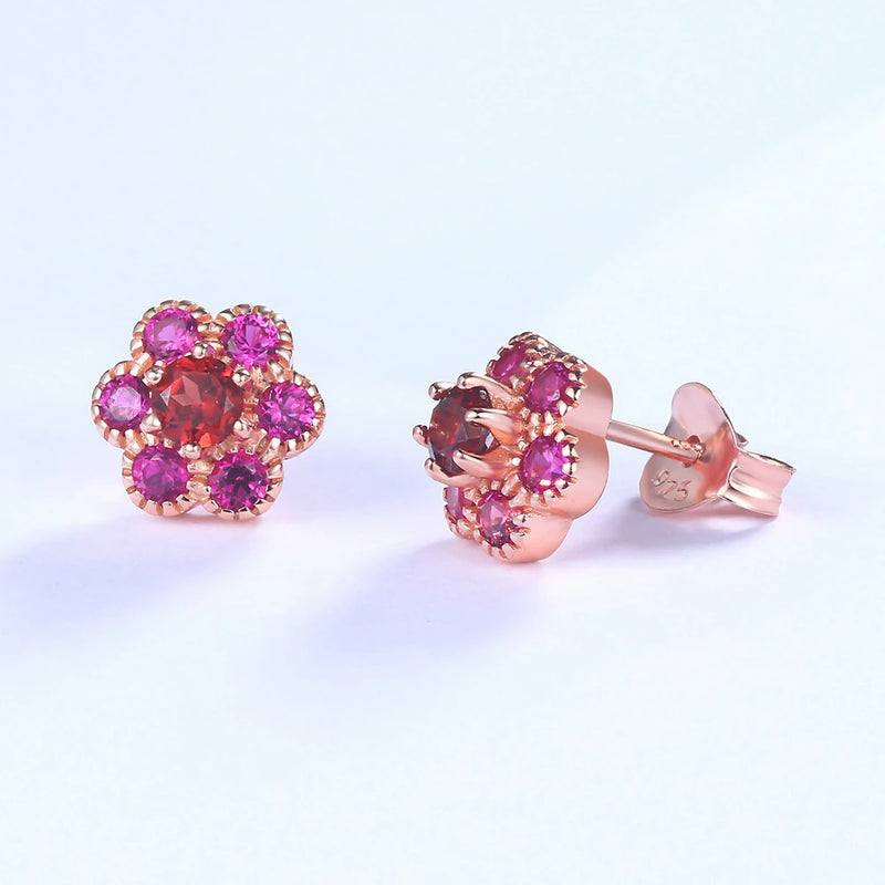 Rose Gold 925 Sterling Silver Natural Red Garnet Flower Earrings for Women