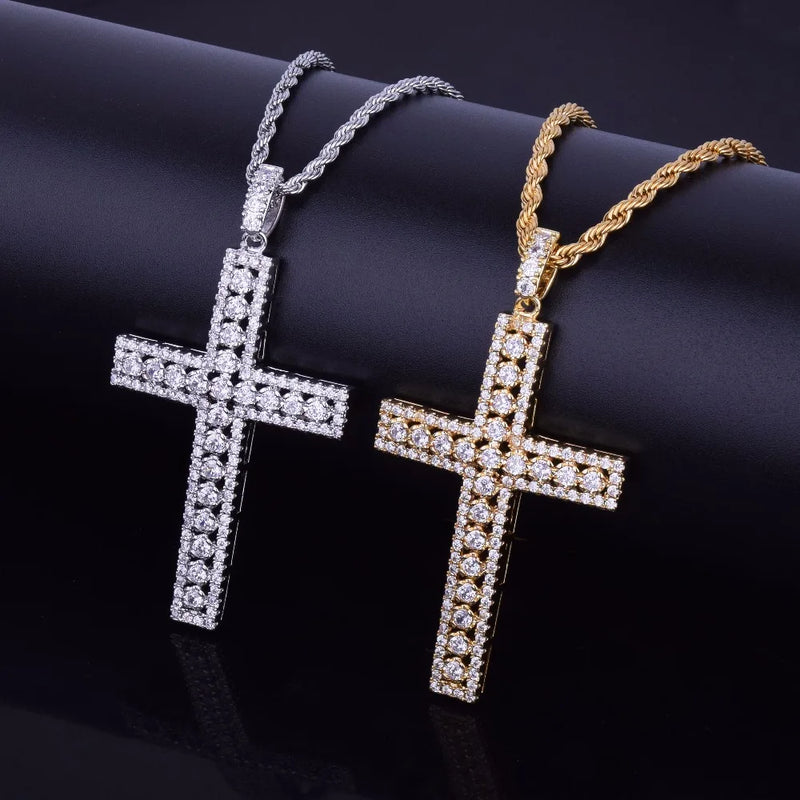 Gold Color Copper Bubble Letter Cross Pendant Necklace with Bling Zircon, for Men and Women