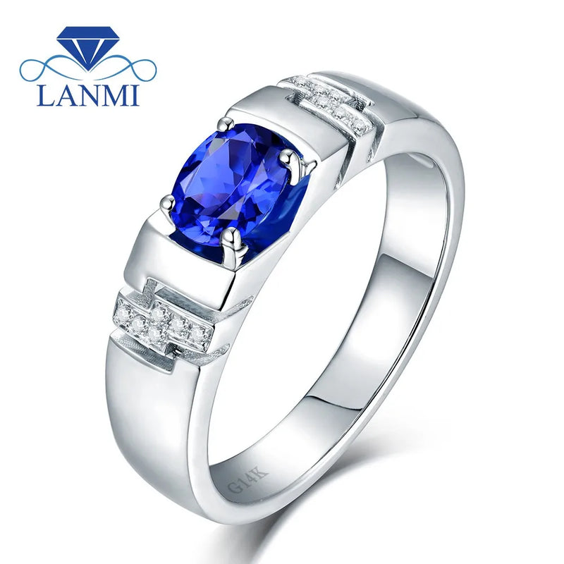 14K White Gold Blue Sapphire Ring for Men